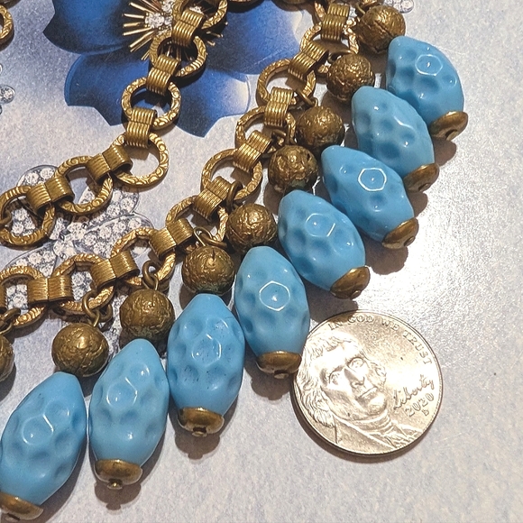 Antique Bookchain Czech Molded Pressed Sky Blue Glass Dangles Choker Necklace - Picture 7 of 8